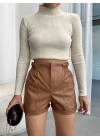 Beli lastikli deri şort kahve H24605