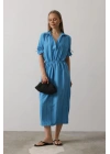 Beli Lastikli Elbise - Mavi
