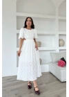Beyaz Balon Kol Kuşaklı Elbise