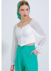 Beyaz Şifon Önü Fermuarlı Bluz 0496