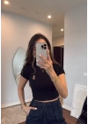 Bisiklet Yaka Kısa Kollu Nakışlı Crop - Siyah