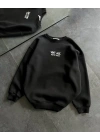 Bisiklet Yaka Üç İplik Baskılı Oversize SweatShirt - Siyah