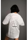 Bisiklet Yakalı Sırt Baskılı Oversize T-Shirt - Beyaz