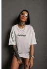 Bisiklet Yakalı Sırt Baskılı Oversize T-Shirt - Beyaz