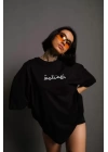 Bisiklet Yakalı Sırt Baskılı Oversize T-Shirt - Siyah