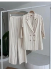 Blazer Ceketli Çizgili Keten Takım 10186