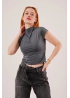 Boğazlı Parlak Kumaş Antrasit Crop