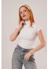 Boğazlı Parlak Kumaş Beyaz Crop