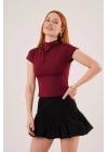 Boğazlı Parlak Kumaş Bordo Crop