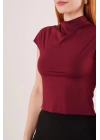 Boğazlı Parlak Kumaş Bordo Crop