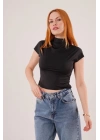 Boğazlı Parlak Kumaş Siyah Crop