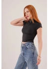 Boğazlı Parlak Kumaş Siyah Crop