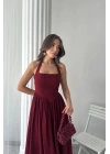 Bordo Boyundan Bağlamalı Keten Elbise
