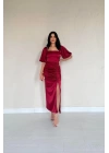 Bordo Büzgülü Saten Elbise