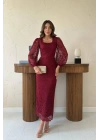 Bordo Güpür Detaylı Dantel Elbise