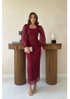 Bordo Güpür Detaylı Dantel Elbise