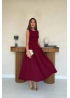 Bordo Halter Yaka Kloş Elbise