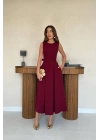 Bordo Halter Yaka Kloş Elbise