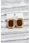 Bordo Mineli Kare Gold Renk Vintage Kadın Küpe