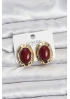 Bordo Renk Oval Vintage Pirinç Kadın Küpe