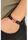 Bordo Renk  Renk Metal Barış Simgesi Tasarımlı Siyah Renk Mat Oniks Doğal Taş Erkek Bileklik