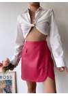 Cep detaylı oval kapaklı deri etek fuşya h240048