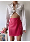 Cep detaylı oval kapaklı deri etek fuşya h240048
