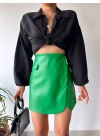 Cep detaylı oval kapaklı deri etek yeşil h240048
