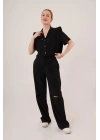 Cepli Düğmeli Bluz Ve Diz Detaylı Pantolon Siyah İkili Takım