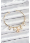 Çiçek ve Kelebek Charmlı Gold Renk Pirinç Kadın Bileklik