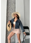 Çift cepli kol katlamalı kar yıkama crop kot ceket kahve tint d2000