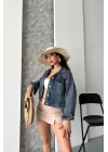 Çift cepli kol katlamalı kar yıkama crop kot ceket kahve tint d2000