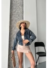 Çift cepli kol katlamalı kar yıkama crop kot ceket kahve tint d2000