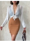 Çift yırtmaçlı etek camel s25910