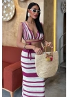 Çizgili Bikini Üst Ve Etek Triko Takım 10110