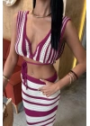 Çizgili Bikini Üst Ve Etek Triko Takım 10110