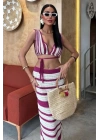 Çizgili Bikini Üst Ve Etek Triko Takım 10110