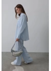 Çizgili Cep Detaylı Oversize Takım - Bebe Mavisi
