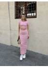 Çizgili etekli takım pembe s3609