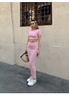 Çizgili etekli takım pembe s3609