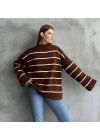 Çizgili ispanyol kol triko boğazlı kahve beyaz elf