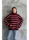 Çizgili ispanyol kol triko boğazlı kazak bordo elf