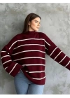 Çizgili ispanyol kol triko boğazlı kazak bordo elf