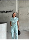 ÇİZGİLİ KETEN KOLSUZ CROP PANTOLON TAKIM - Yeşil