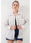 Çizgili Oversize Gömlek 20278 - B.Beyaz