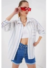 Çizgili Oversize Gömlek 20278 - Beyaz
