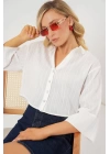 Çizgili Oversize Kısa Gömlek 20326 - Beyaz