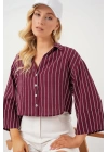 Çizgili Oversize Kısa Gömlek 20326 - Bordo