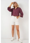 Çizgili Oversize Kısa Gömlek 20326 - Bordo