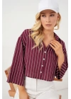Çizgili Oversize Kısa Gömlek 20326 - Bordo
